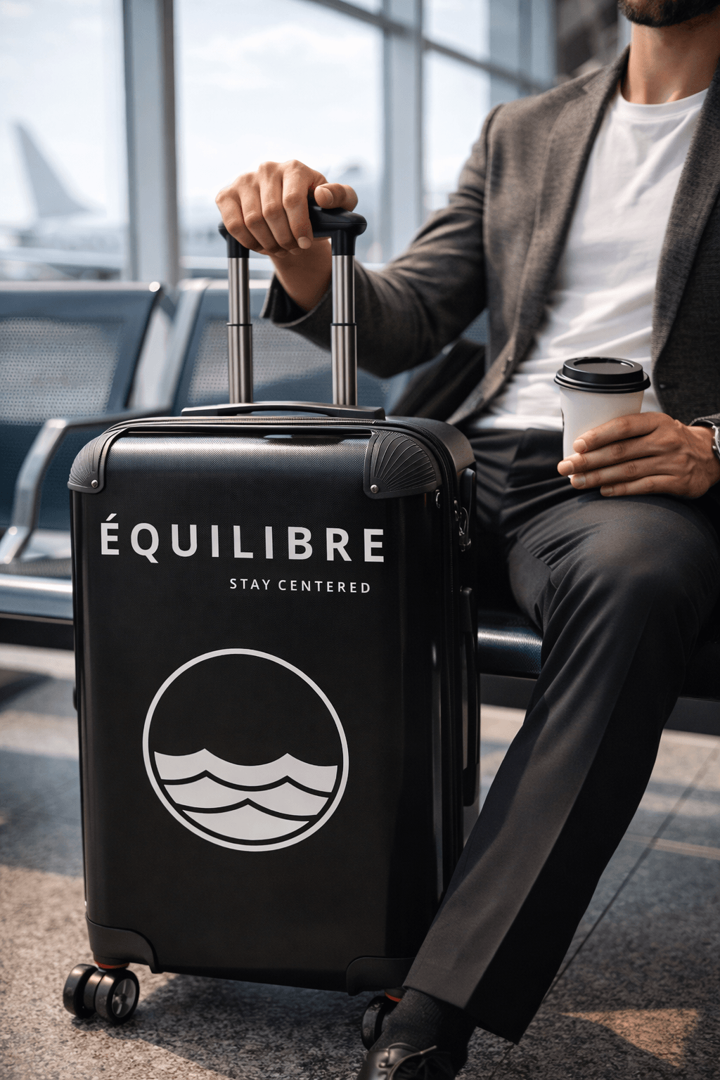 ÉQUILIBRE Suitcase Travel with Masteryblack in airport stylish premium luggage travel lifestyle
