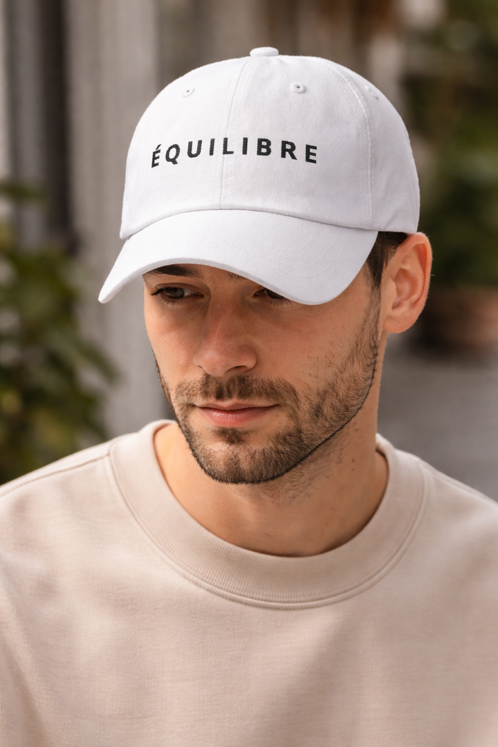  ÉQUILIBRE Signature Cap black and white worn casually modern streetwear aesthetic look